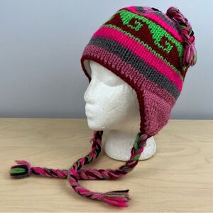 Women’s 100% Wool Winter Beanie Trapper Hat Ear Flaps Tassels Made In Nepal